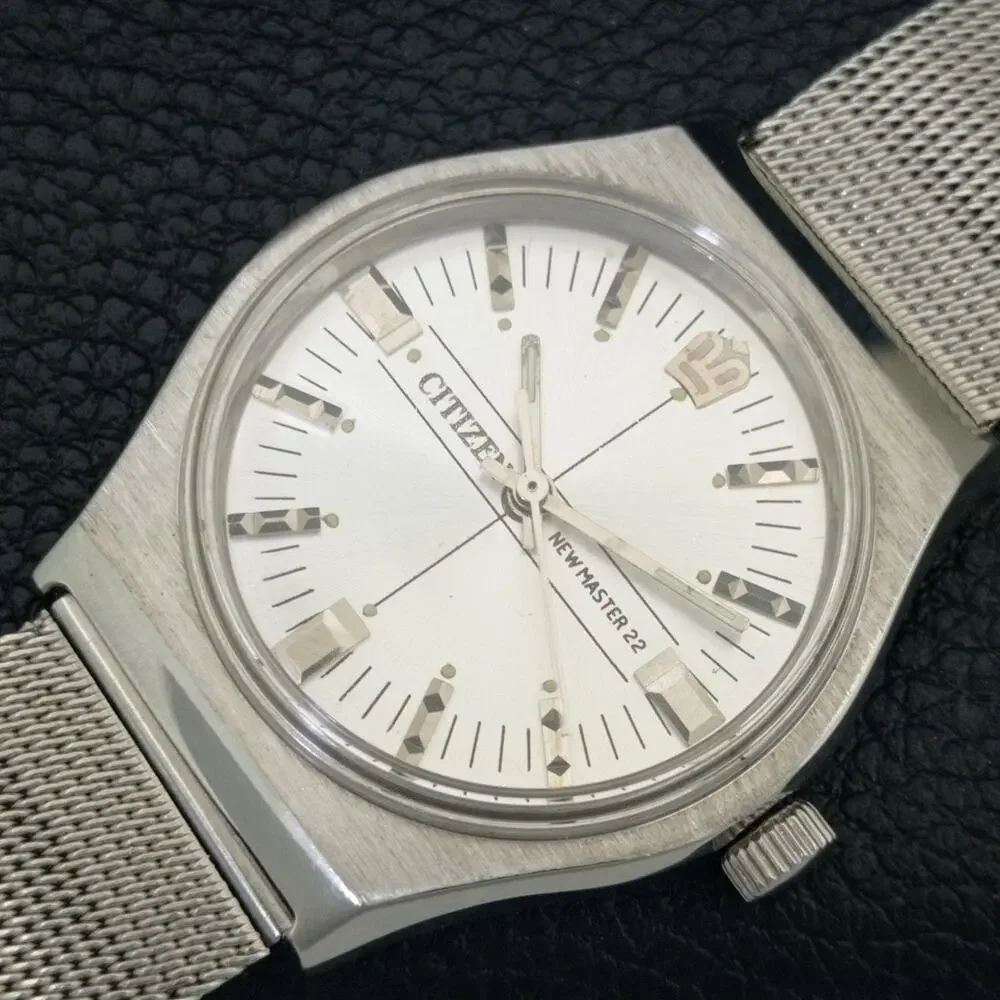 Vintage 1983 Citizen Manual Wound Mens Silver Watch & White accents